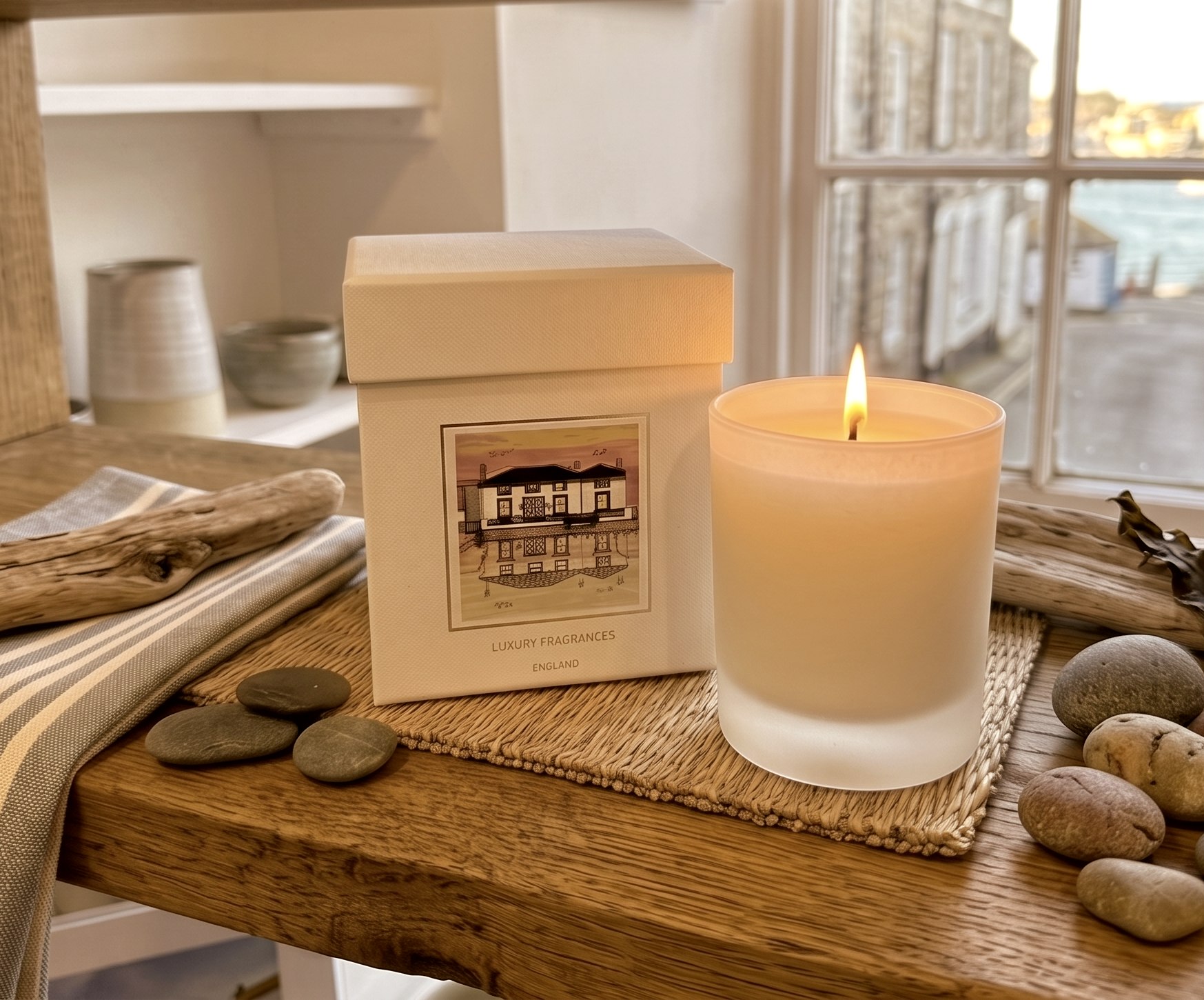 Bespoke St Ives candle commission with illustrated box