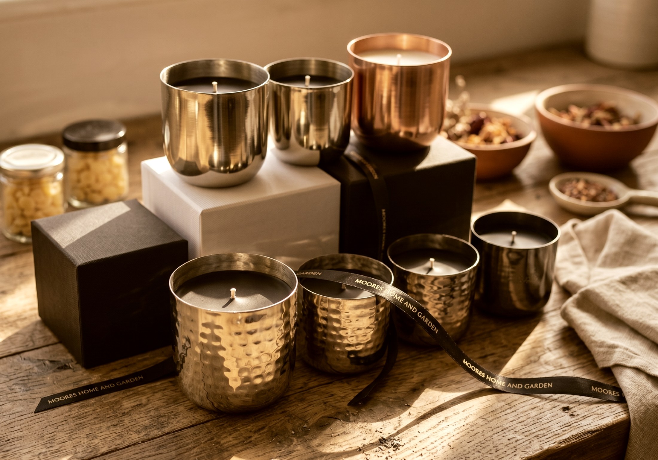 Moores hand-poured candle collection with branded ribbon
